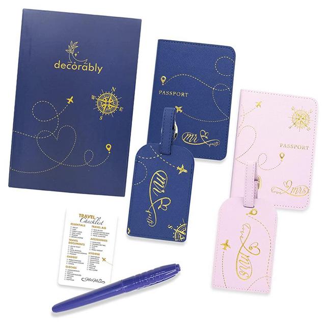 Decorably Mr and Mrs Passport Holder - Blue & Pink Mr and Mrs Luggage Tags Set, Wedding Luggage Tags with Bonus Pen & Checklist, Bride and Groom Passport Covers, Passport Holders and Luggage Tags
