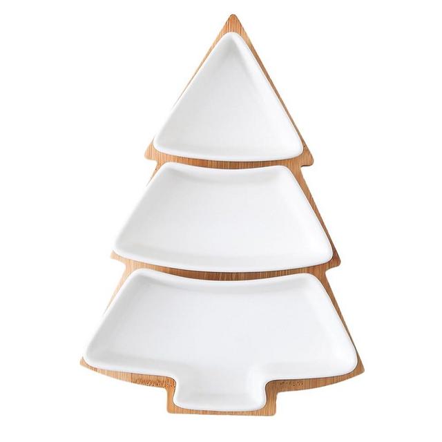 Qancesd Christmas Tree Shaped Platter Ceramic Dinner Plates with Wood Tray Christmas Tree Dishes Decorative Food Serving Tray for Appetizer Snack