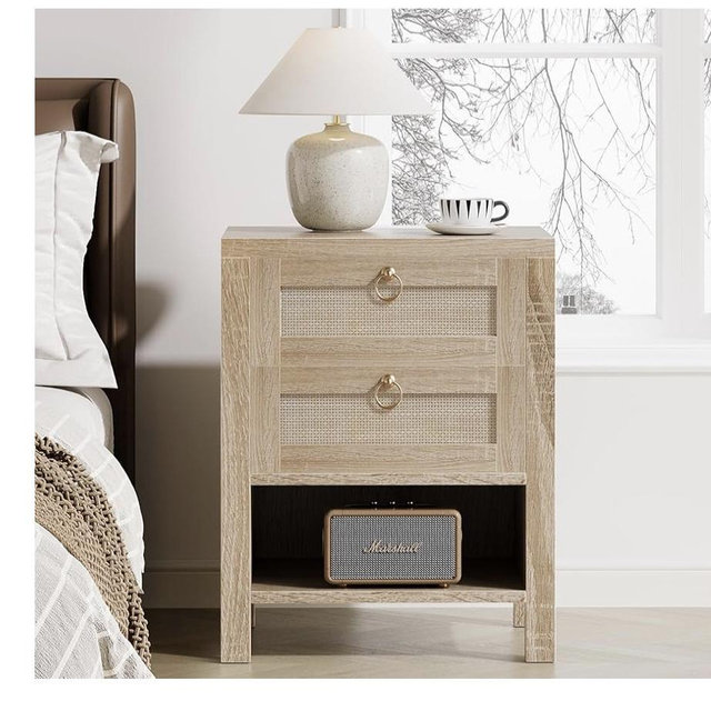Rattan Night Stand with Drawers - Boho Nightstand with Charging Station, Bedside Table with Storage Shelf, Accent Side Table End Tables Living Room, Wood Nightstands for Bedroom, Light Wood