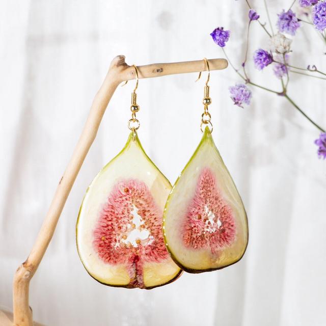 Real Fig Earrings,Pressed Fruit Earrings,Mother's Day Gift,Pink Fig Resin Jewelry,Dired Fruit Dangle Drop Earring,Handmade Jewelry For Women