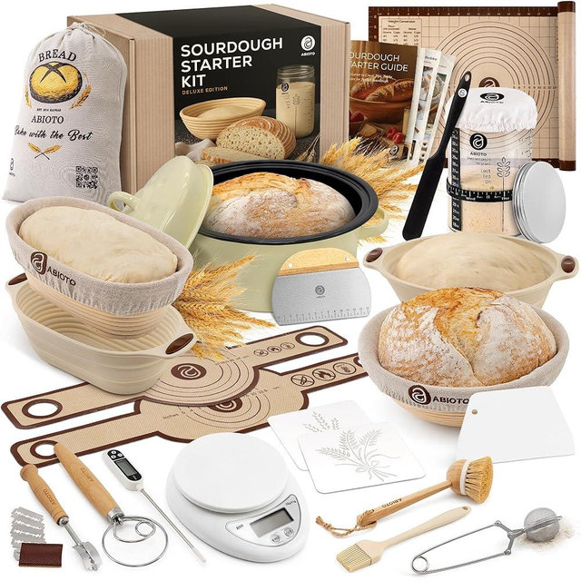 Sourdough Starter Kit with Dutch Oven and Scale - Complete Sourdough Kit with Proofing Baskets, 34oz Jar, Slings, and Other Premium Bread Making Tools - Perfect Baking Gifts for Women, Men, and Bakers