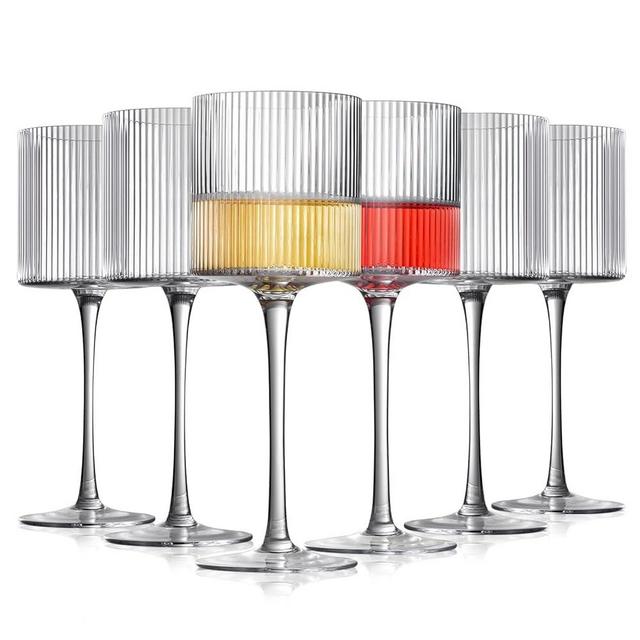 Square Wine Glasses Set of 6, Elegant Ribbed Design Wine Glasses 12.5oz, Long Stem Unique Modern Shape - Hand Blown Premium Wine Glass, For Red & White Wine Home Bar Party