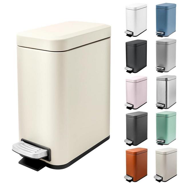 M-Aimee 1.3 Gallon Slim Small Trash Can with Lid Soft Close, Stainless Steel Garbage Can for Bathroom Bedroom Office, Rectangular Step Trash Bin with Removable Inner Waste Basket (Beige)