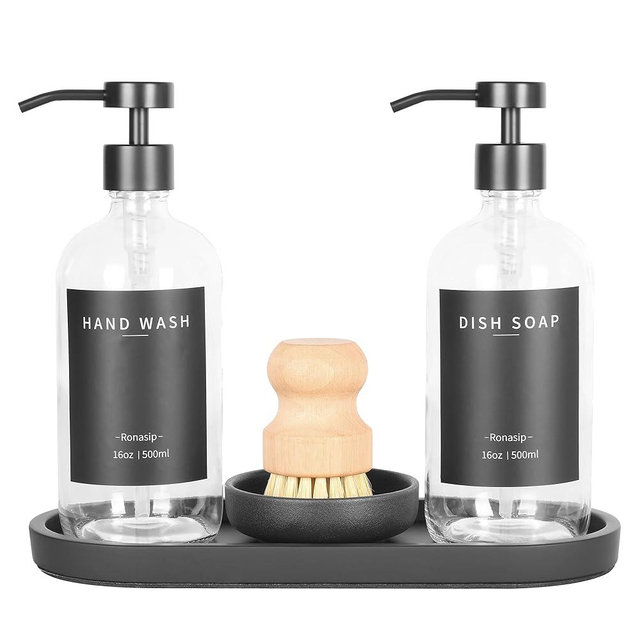 Ronasip Set of 5 Kitchen Soap Dispenser Set 16 Oz Glass Hand Dish Soap Dispenser with Stainless Steel Pump, Cement Tray, Dish Scrub Brush for Farmhouse Rustic Home Bathroom Decor (Transparency)