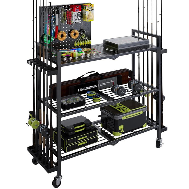 SEEAHEAD Fishing Rod Holders for Garage, Fishing Rod Stand with Wheels and Pegboard, 3-Tier Pole Storage Rack with 8 Hooks and 12 Rod Slots, Ideal for Tackle, Backpacks, and Gear