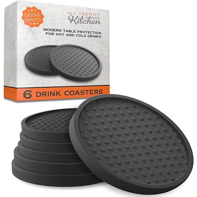 Large Drink Coasters - Absorbs Moisture and Prevents Table Damage, Modern Black Rubber Coaster with Non-Slip Bottom for Drinking Glasses, 6 Pack
