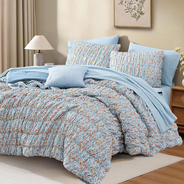BLOOMHAVEN Twin XL Comforter Set - 5 Pieces Puff Blue Marigold Floral Bedding Set for All Seasons, Shabby Chic Farmhouse Bed in a Bag Twin XL with Floral Comforter, Sheets, Pillowcases & Shams