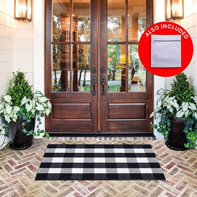 All Prime Buffalo Plaid Rug - Extra Large 28" x 44" Pure Black and White Rug for Indoor & Outdoor - Buffalo Check Rug for Kitchen, Bathroom, Porch Decor- Buffalo Plaid Front Door Mat with Laundry Bag