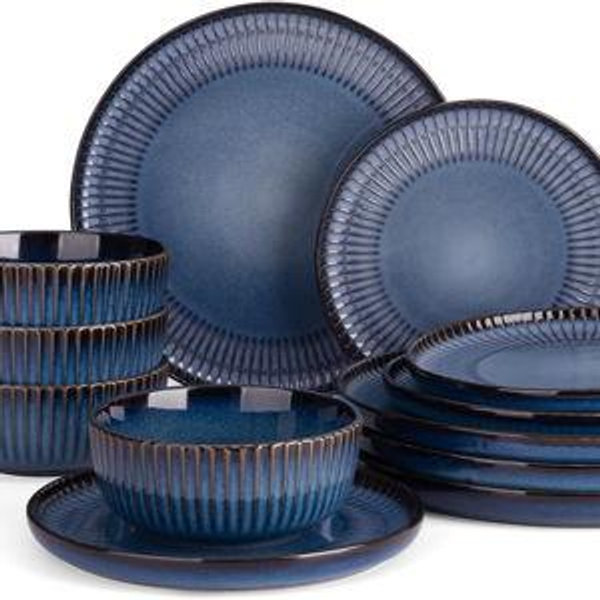 Famiware Starlight Dinnerware Sets, Plates and Bowls Dish Set of 4 (12 Pieces), Ribbed Textured Tableware - Dishwasher & Microwave Safe, Chip & Scratch Resistant, Reactive Glaze, Starry Blue