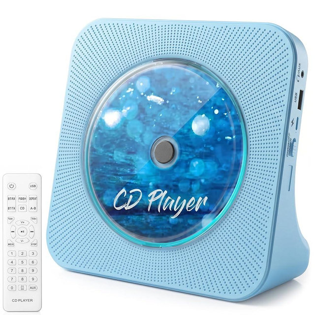 Gueray CD Player Portable Bluetooth Desktop CD Player for Home with Timer Built-in HiFi Speakers with LCD Screen Display Boombox FM Radio USB Type-c (Blue)