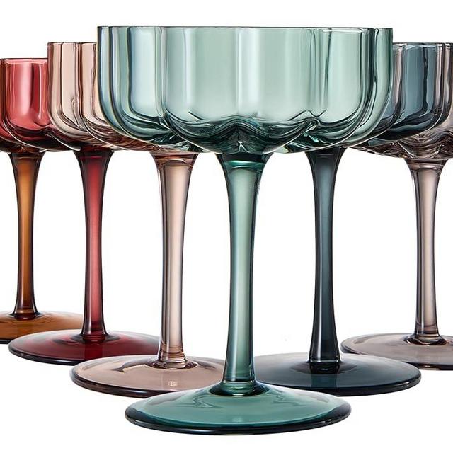 Flower Vintage Wavy Glass Coupes Martini, Champagne & Cocktail Coupes - Set of 6 - Muted Colors 7oz Colorful Cocktail Glasses Ripple & Champagne Glasses, Prosecco, , Mimosa Glassware Copyright Design