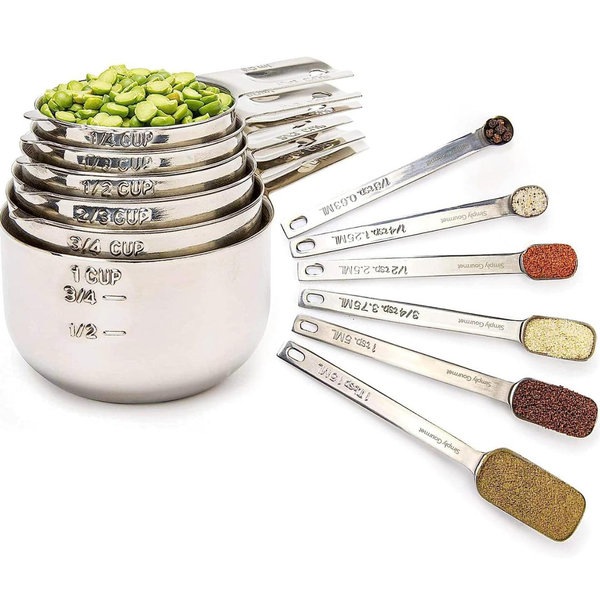 Simply Gourmet Measuring Cups and Spoons Set of 12 – 18/10 Stainless Steel Kitchen Gadgets – Stackable Design with Long Handle Spoons – Fits in Jars – Cooking & Baking Measuring Set for Dry & Liquid