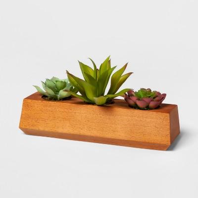 10" x 5" Artificial Succulents In Wood Pot Green/Brown - Project 62