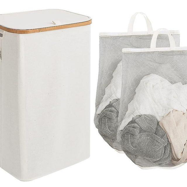 StorageWorks Large Laundry Hamper with Lid, 100L Tall Laundry Basket with Bamboo Handles and 2 Removable Inner Bag, Collapsible Laundry Hamper for Clothing, Toys, Towels, Beige, 1-Pack