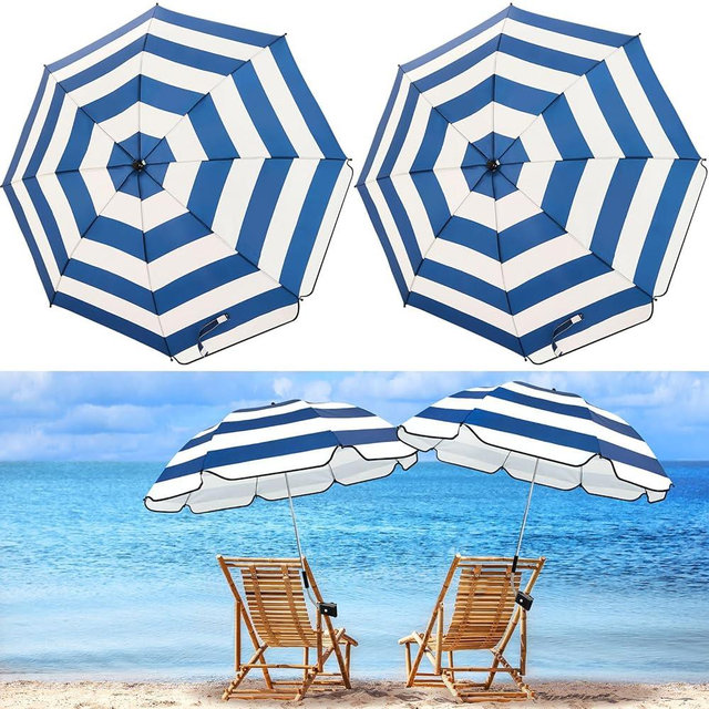 Buryeah 2 Pcs Automatic Chair Umbrella with Universal Clamp 44" UPF 50+ Portable Clamp on Beach Chair Adjustable Wheelchair Umbrella for Outdoor Patio Parasol