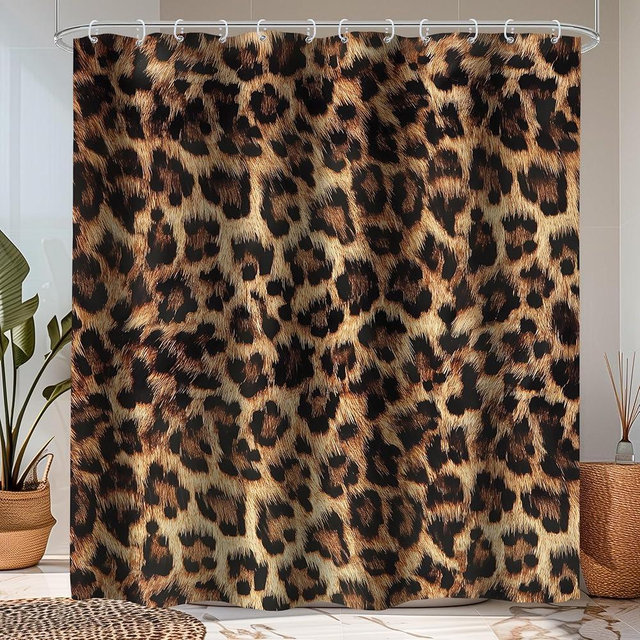 LIGHTINHOME Leopard Print Shower Curtain 60Wx72H Inch Wild Safari Skin Pattern Powerful Cheetah Cat Panthera Black Brown Fur Wildlife Waterproof Bathroom Home Decor 12 Plastic Hooks