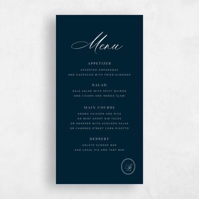 Darkest Teal, Blue Wedding Menu - St Anne