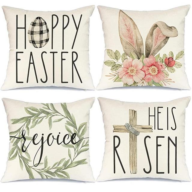Easter Pillow Covers 18x18 Set of 4 Easter Decorations for Home He is Risen Floral Pillows Bunny Easter Buffalo Plaid Eggs Decorative Throw Pillows Spring Easter Farmhouse Decor