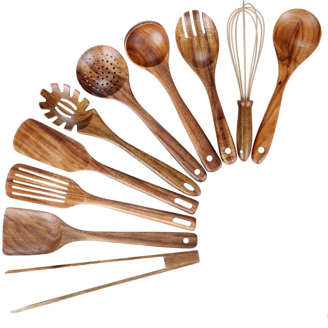 Itopfox 10-Piece Wooden Kitchen Utensil Set - Teak Wood Spoons, Spatulas, Ladle for Non-Stick Cookware, Cooking Tools with Hanging Holes
