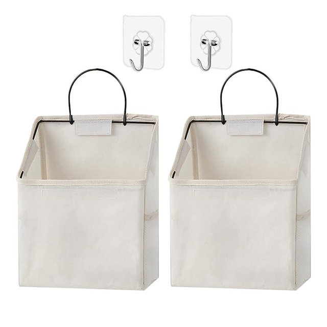 SMALIGOLA 2 Pack Wall Hanging Storage Bag, Hanging Organizer Bag with Sticky Hook, Wall Organizer for Dormitory Bathroom Bedroom Kitchen (White)