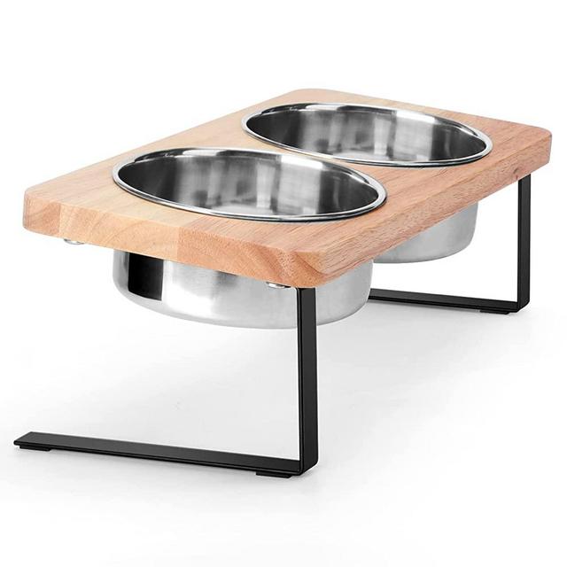 Siooko Elevated Cat Bowls, 15° Tilted Raised Cat Food Bowls Wood Pet Bowls with Stand Anti Vomiting 2 Stainless Steel Bowls for Cats and Puppy