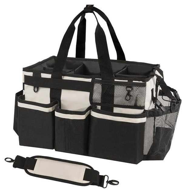 SCAVATA Wearable Cleaning Caddy, Cleaning Caddy Supplies Organizer with Handle & Shoulder Straps for Housekeepers, Under Sink & Car Cleaning Tool Organizers Bag with 4 Foldable Divider (Beige)