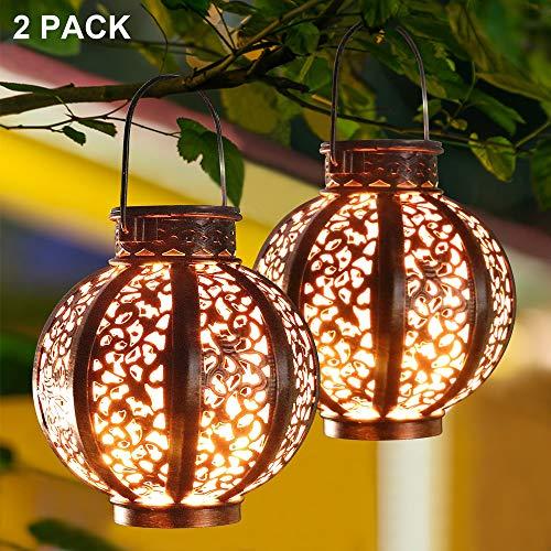 MAGGIFT 2 Pack Hanging Solar Lanterns Retro Solar Lights with Handle, Outdoor Solar Garden Lights Decor for Yard Tree Fence Patio 6 Lumens, Brown