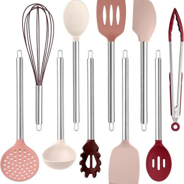 COOK WITH COLOR Silicone Cooking Utensils, 10 Pc Kitchen Utensil Set, Easy to Clean Silicone Kitchen Utensils, Cooking Utensils for Nonstick Cookware, Kitchen Gadgets Set (Rose)