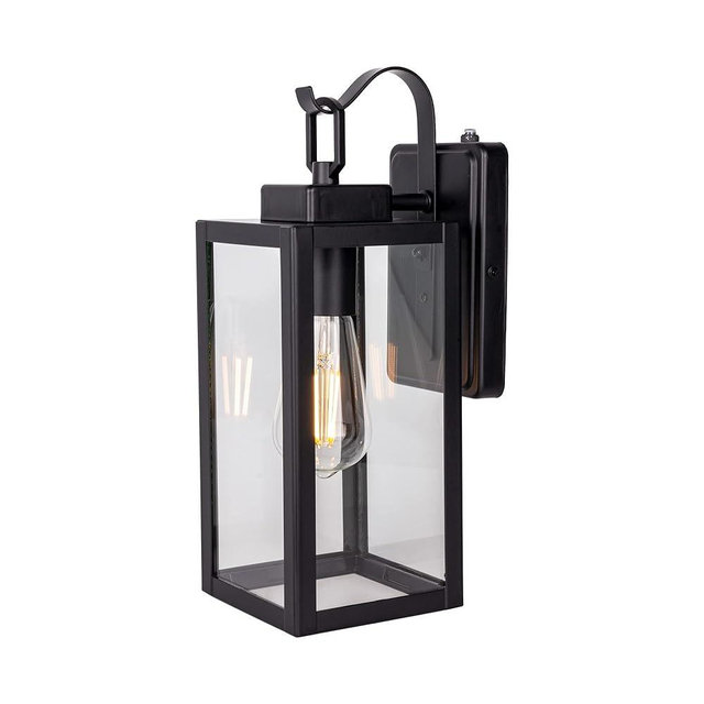 LIT-PaTH Dusk to Dawn Outdoor Wall Lantern, Wall Sconce as Porch Lighting Fixture, E26 Medium Base Max 60W, Anti-Rust Metal with Glass Shade, Black, 1-Pack