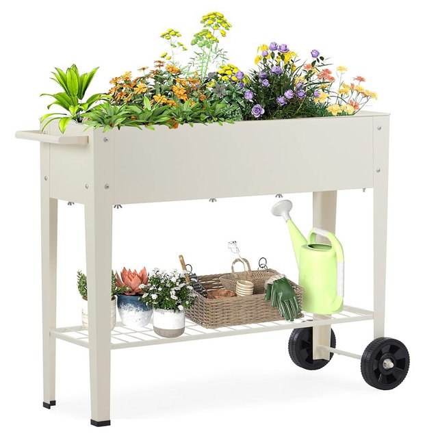 Outdoor Heavy Duty Metal Raised Garden Bed with Wheels (Milk White)