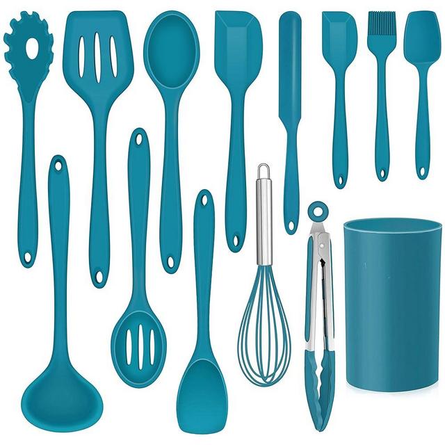 LIANYU 14 Pcs Cooking Utensils Set with Holder, Heat Resistant Silicone Kitchen Cookware Utensils Set, Kitchen Cooking Tools Includes Spatula Spoon Turner Whisk Tong, Dishwasher safe, Dark Blue