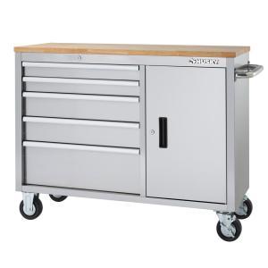 46 in. 5-Drawer and 1-Door Stainless Steel Mobile Workbench