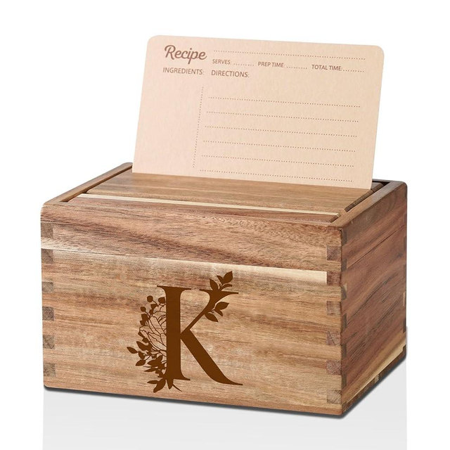InnoBeta Personalized Gifts Recipe Box, Personalized Initial Recipe Card Holder Box with 50 4 x 6 inch Recipe Cards, 10 Dividers, Initial Recipe Organize - K