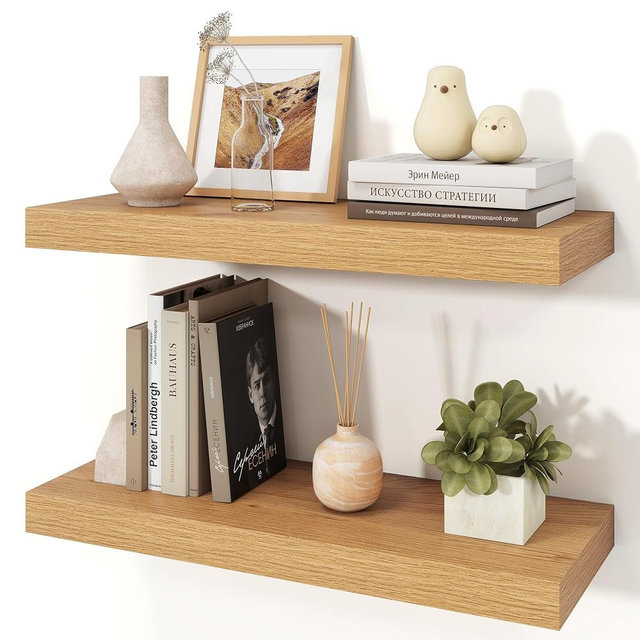 Ornawit Floating Shelves for Wall, 9.3" Deep Wall Mounted Wood Shelves for Bathroom, Bedroom, Living Room, Kitchen, Hanging Shelf for Books/Storage/Room Decor (Oak, 24")