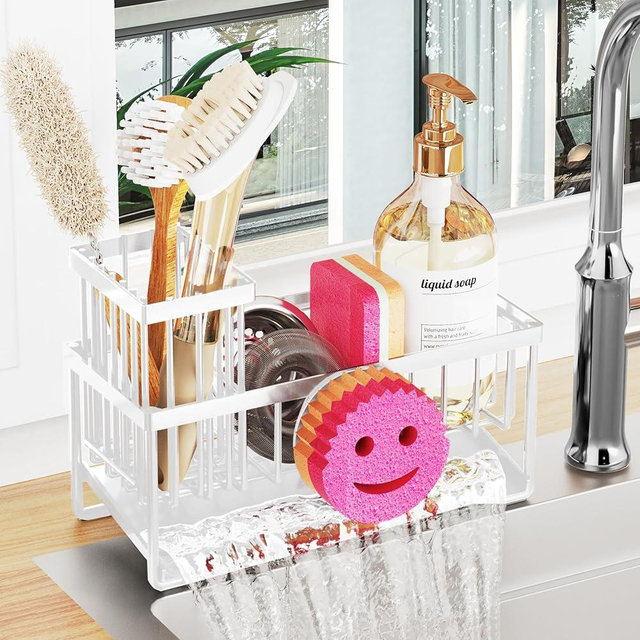 Taugast Sponge Holder for Kitchen Sink,Smiley Face Sink Caddy with Removable Brush Holder,Self-Draining Sponge Caddy for Sponge,Soap,Dish Brush,Scrubber,Kitchen Essentials and Gadgets-White