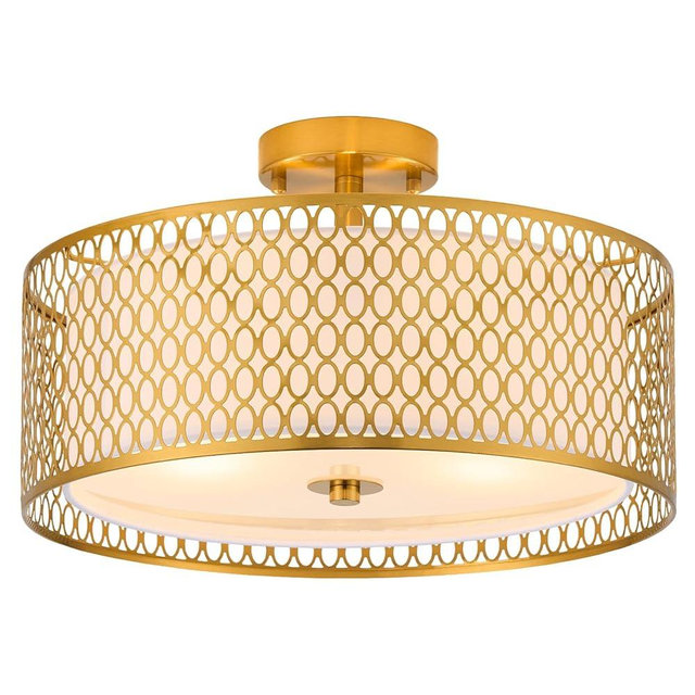Ludil 17" Semi Flush Mount Ceiling Light Fixture, 3-Light Gold Light Fixture, Close to Ceiling Light Fixture with White Fabric Lampshade and Gloden Iron Mesh Cage for Dining Room Living Room Bedroom