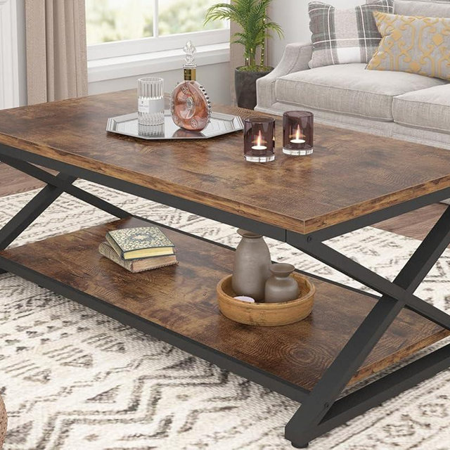 HSH Rustic Coffee Table with Storage Shelf, Industrial Metal Wood Living Room Table, Farmhouse Minimalist Rectangle Center Table, Vintage Simple 2 Tier Cocktail Tea Table, Rustic Brown, 47 Inch