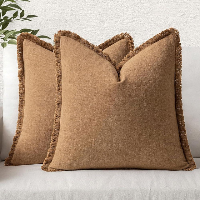 MIULEE Set of 2 Linen Throw Pillow Covers Decorative Square Pillow Covers Farmhouse Style Boho Cushion Covers Brown Pillow Covers with Fringe for Living Room 24x24 Inch