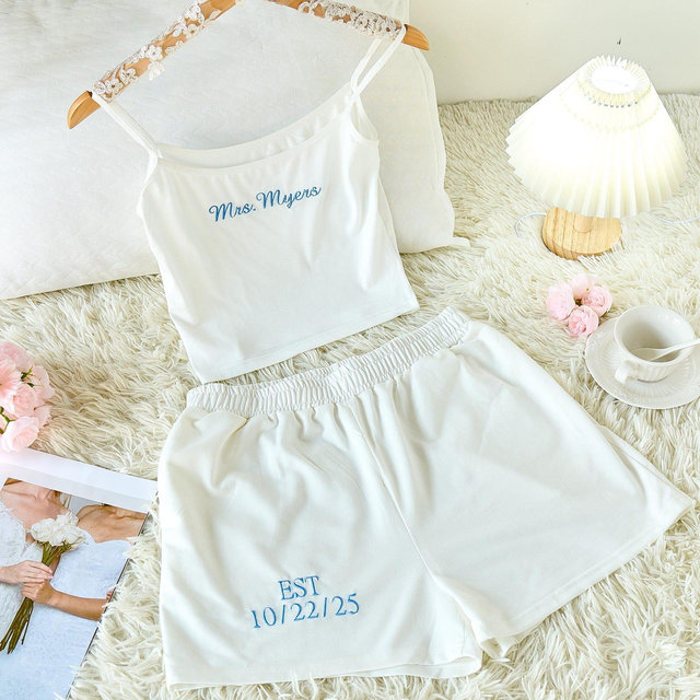 Mrs. Pajama Set with Embroidered Detailing for Bride, Bridal Shower Outfit & Engagement Gift, Bride Pajamas, Mrs. Set, Bridal Shower Outfit