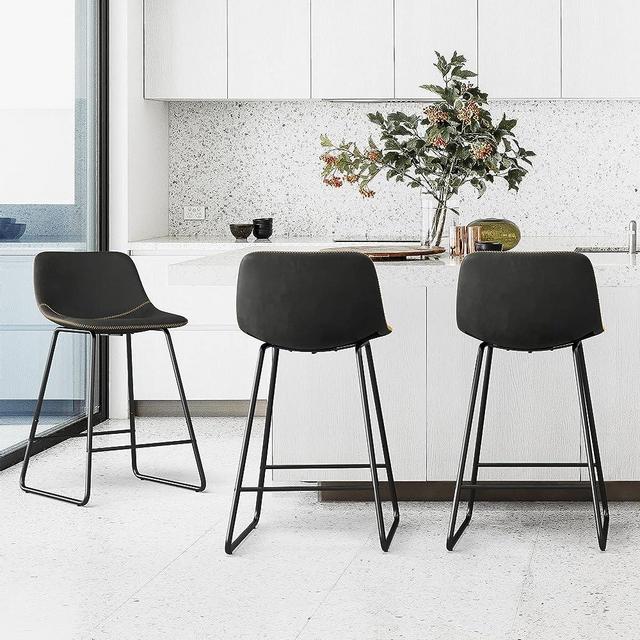 Alexander Indoor/Outdoor Industrial Faux Leather Bar Stools Set of 3,Urban Armless Dining Chairs with Metal Legs, Modern Counter Height Barstools for High Table Kitchen Island Chair 24",Black