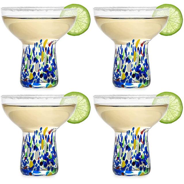 Mexican Design Hand Blown Margarita Glass – Set of 4 Luxury Hand Blown Confetti Margarita Glasses Cinco de Mayo by The Wine Savant (Stemless)