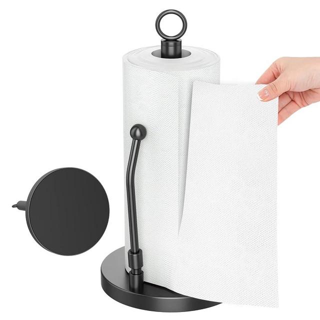 Paper Towel Holder Stainless Steel - One Hand Tear Paper Towel Dispenser Standing Weighted Base Non Slip, Spring Arm, Stainless Steel Paper Towel fits in Kitchen Bathroom Countertop (Black)