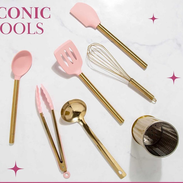Paris Hilton Kitchen Set Tool Crock with Silicone Cooking Utensils, Stainless Steel Whisk and Ladle, 7-Piece, Pink and Gold