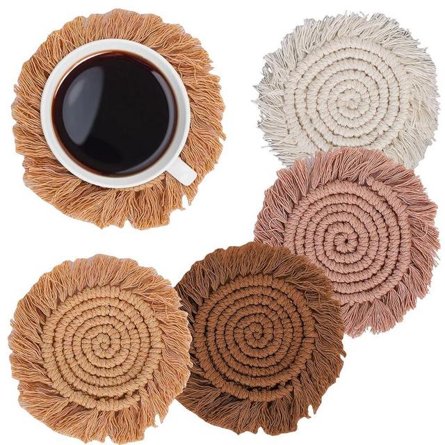 Whaline Boho Macrame Coasters Set of 4 Handmade Woven Coaster for Drinks Bohemian Cup Mat with Tassel for Kinds of Mugs and Cups Coffee Home Kitchen Office Wooden Table Decor