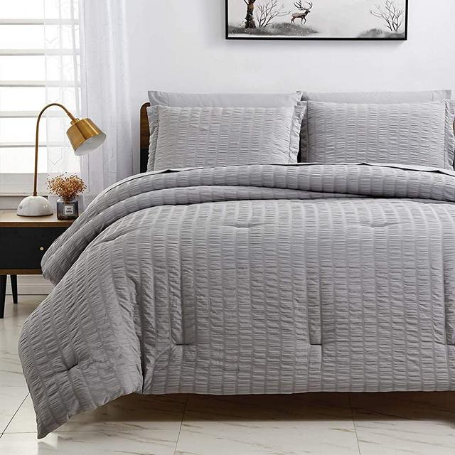 CozyLux Queen Bed in a Bag Light Grey Seersucker Comforter Sets with Comforter and Sheets 7 Pieces All Season Bedding Sets with Comforter, Pillow Sham, Flat Sheet, Fitted Sheet and Pillowcase