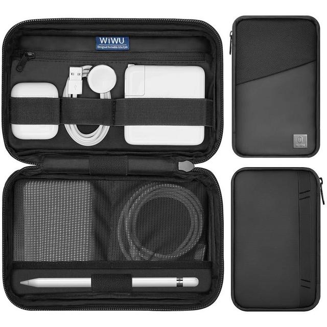 WIWU Travel Cable Organizer Bag, Waterproof Electronics Accessories Pouch Bag for Apple Pencil,Hard Drives, Cable, Charger, Phone, USB, SD Card (Black)