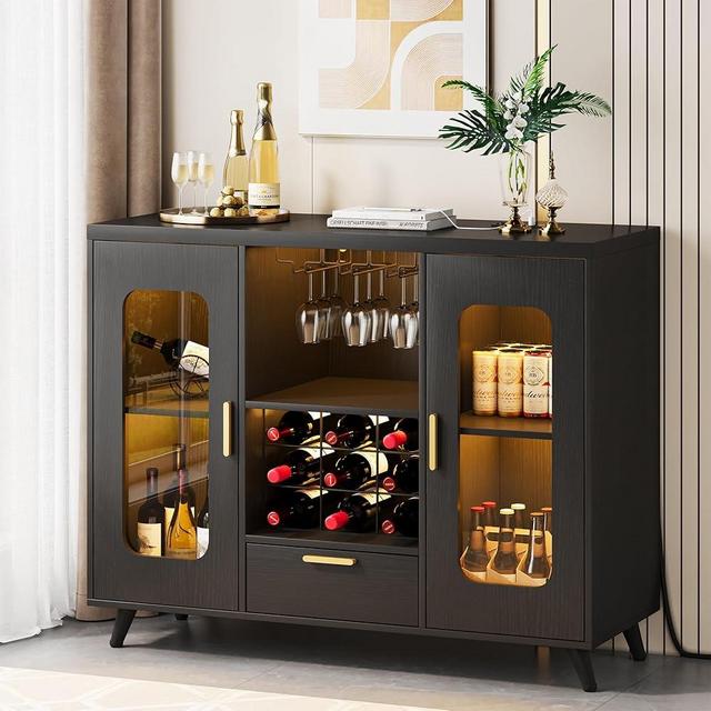 Condemo Wine Bar Cabinet with LED Light, Modern Coffee Bar Cabinet with Power Outlet, Liquor Cabinet with Wine Rack Glasses Holder, Sideboard Buffet Cabinet for Dining Room Living Room Kitchen, Black