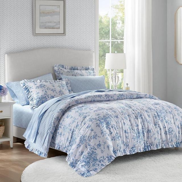 Madison Park Essentials Floral Comforter Set Queen Size, Complete Vintage Bedding with Sheet Set, Elegant Bed in a Bag with Reversible Ruffle Comforter for Girls, Adele Blue