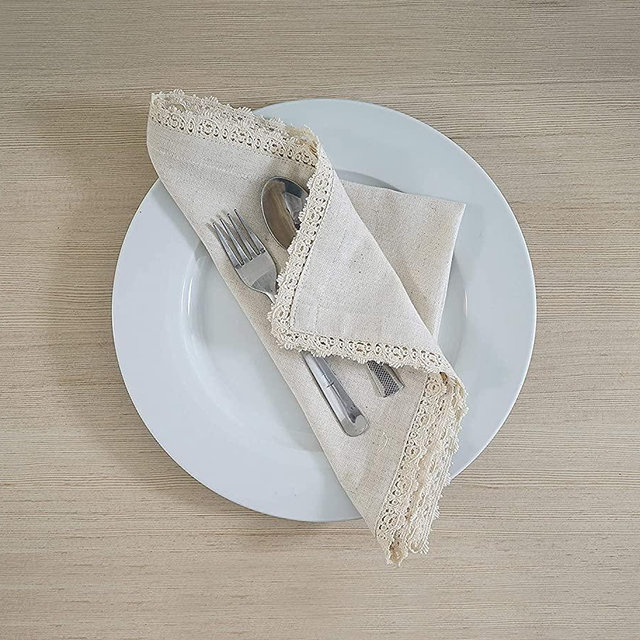 Dinner Cloth Napkins in Cotton Linen Fabric, 12 Pk, 12X12 INCH, White, Premium Quality, Mitered Corners for Every Day Use Napkins are Pre Shrunk and Good Absorbency Lace Ivory 12X12
