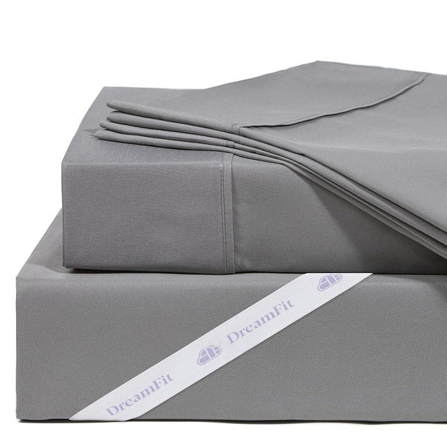 DreamFit DreamCool 100% Egyptian Cotton Cooling Bed Sheets Set with Elastic Corner Straps 400 Thread Count Extra Deep Pocket Crafted in USA Cal King Sheet Set Grey